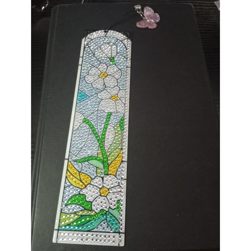 Handmade Diamond Art Bookmark White Floral Stained Glass Butterfly Charm 7.5